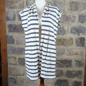 Lou & Grey Vest Cover Up Blue White Striped Open Front Hooded Pockets Beach
